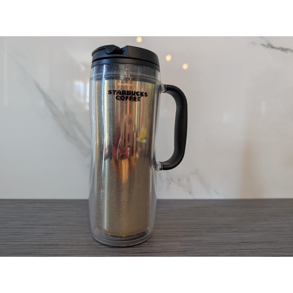 Starbucks 2008 Acrylic Gold Glitter Travel Coffee Tumbler with Rubber Handle